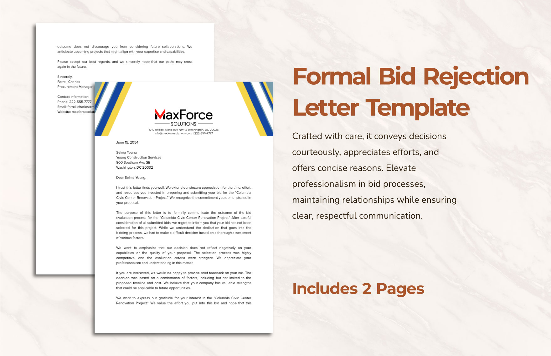 Formal Bid Rejection Letter Template