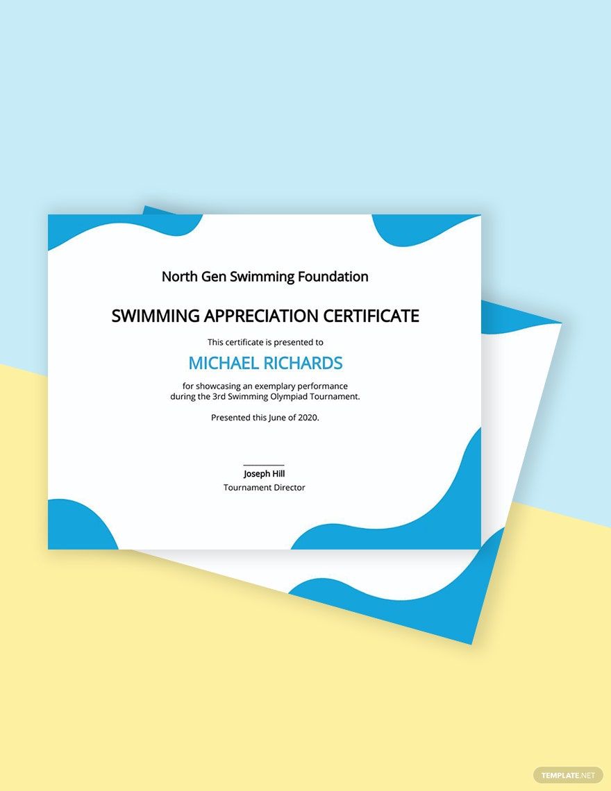 Swimming Certificate of Performance Template