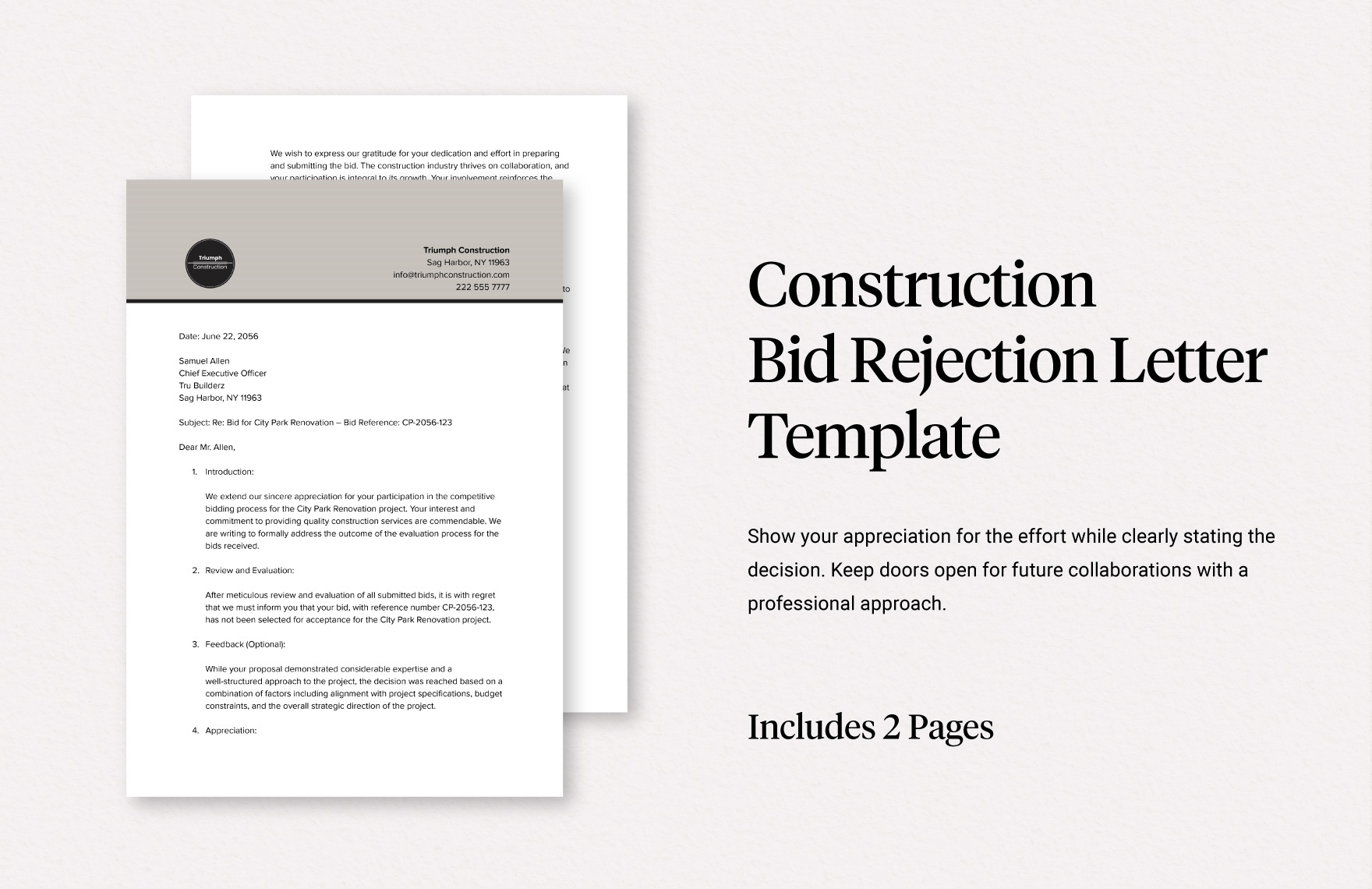 Construction Bid Rejection Letter Template