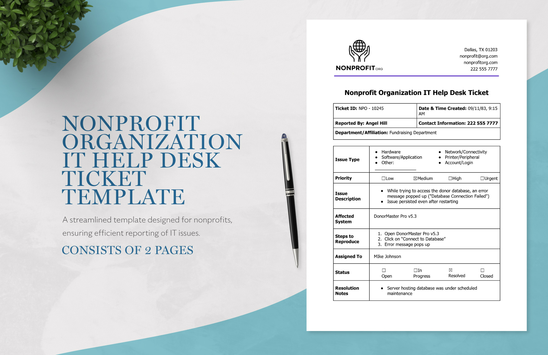 Nonprofit Organization IT Help Desk Ticket Template