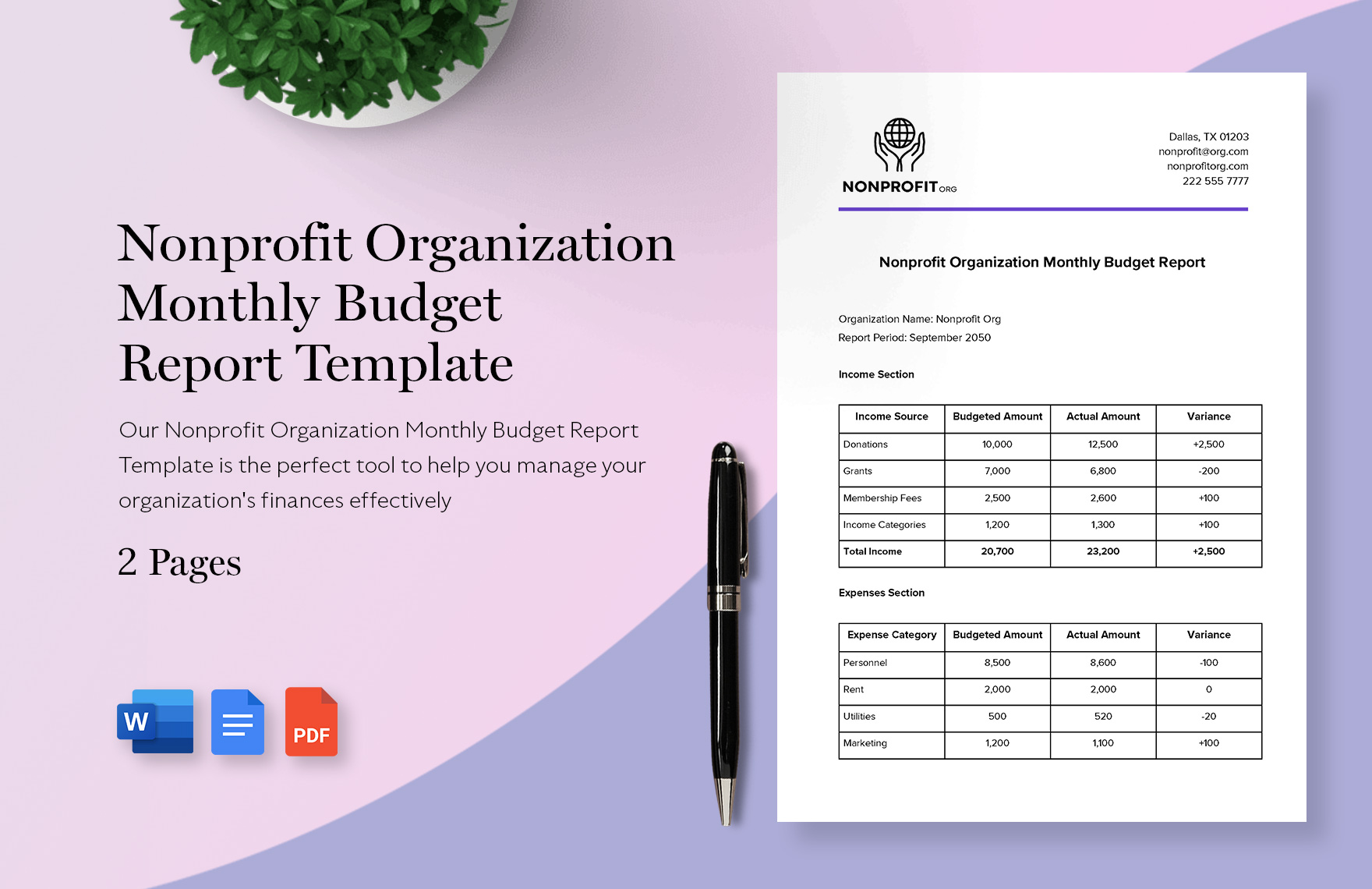 Nonprofit Organization Monthly Budget Report Template