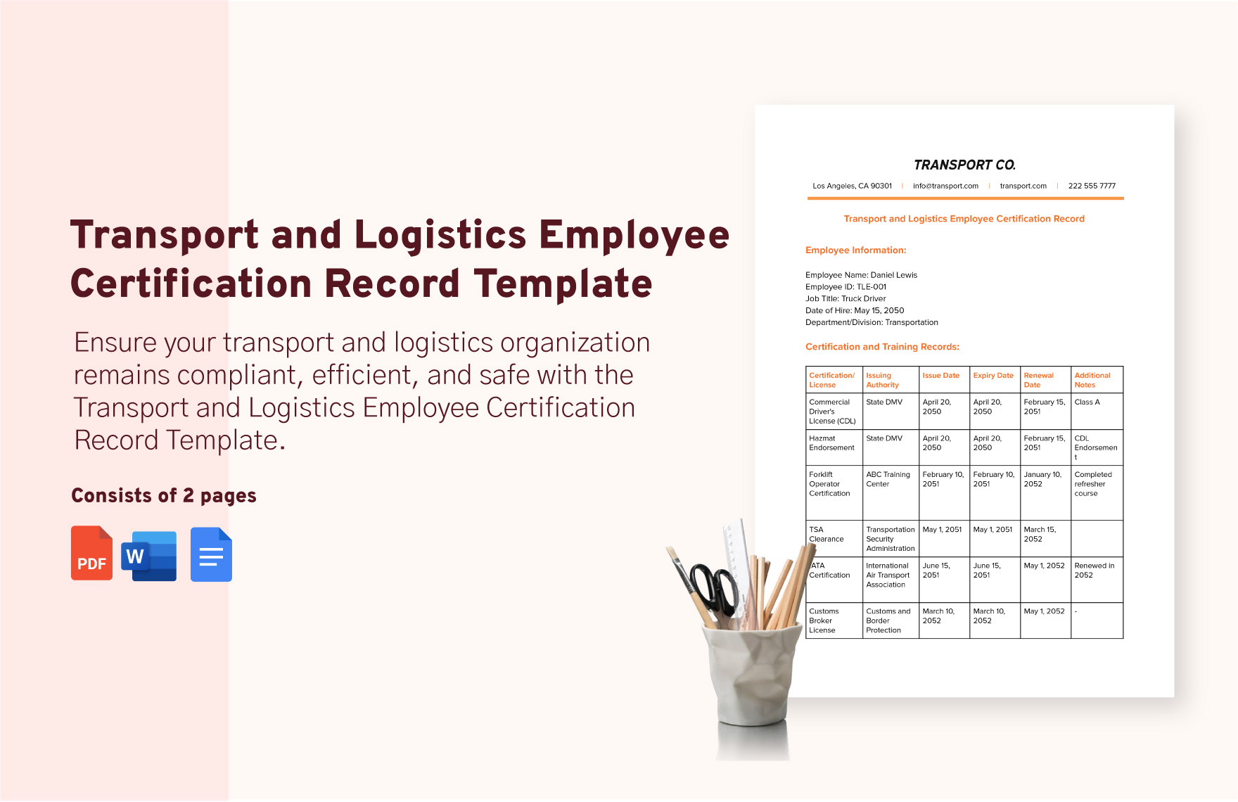 Transport and Logistics Employee Certification Record Template