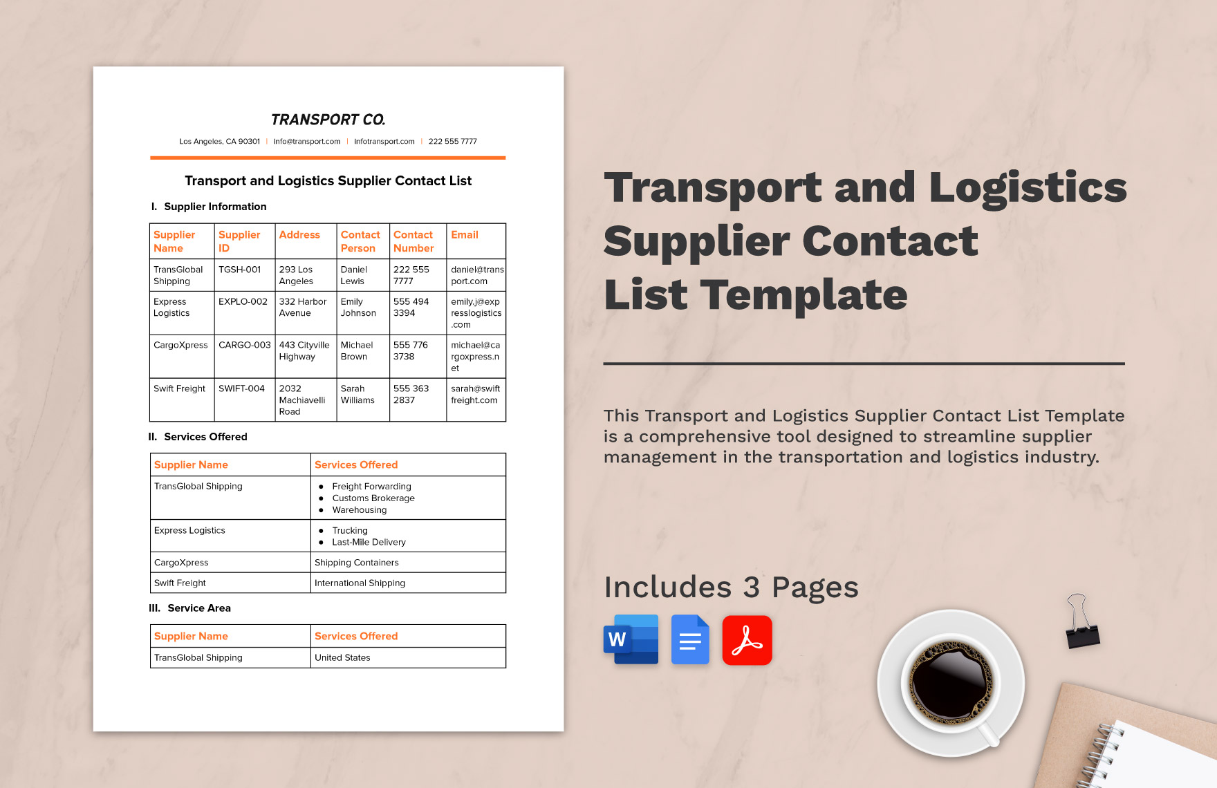 Transport and Logistics Supplier Contact List Template in Word, PDF, Google Docs - Download | Template.net