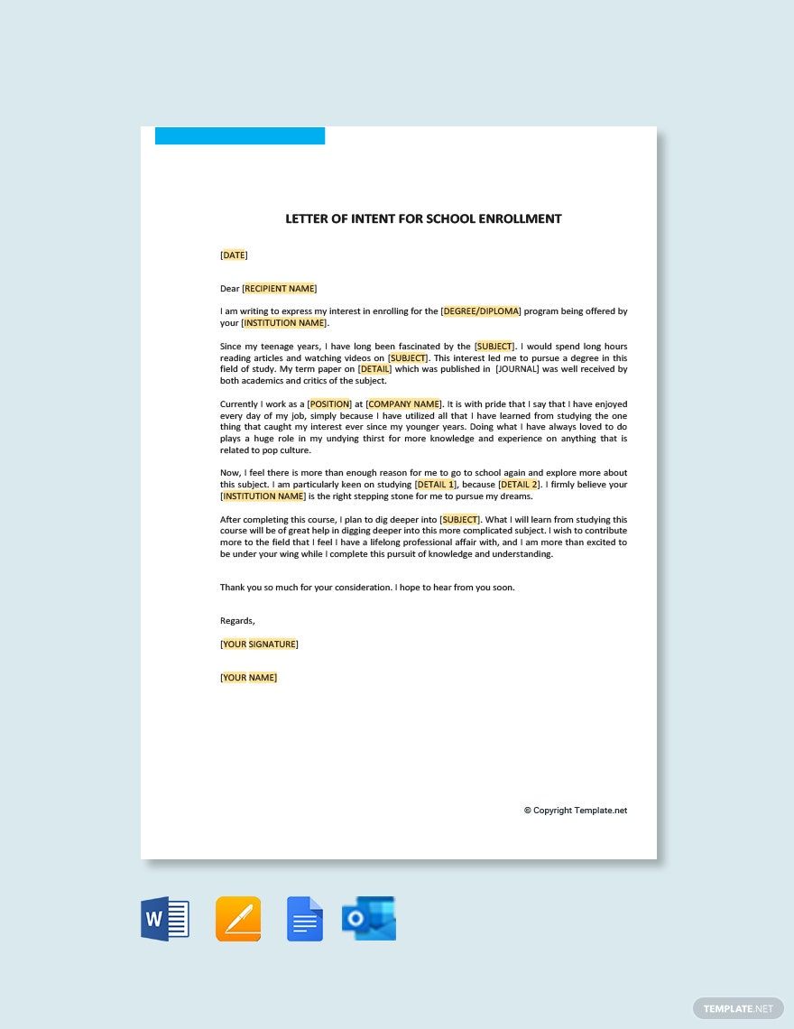 Letter of Intent for School Enrollment in Google Docs, Pages, Word, Outlook, PDF - Download | Template.net