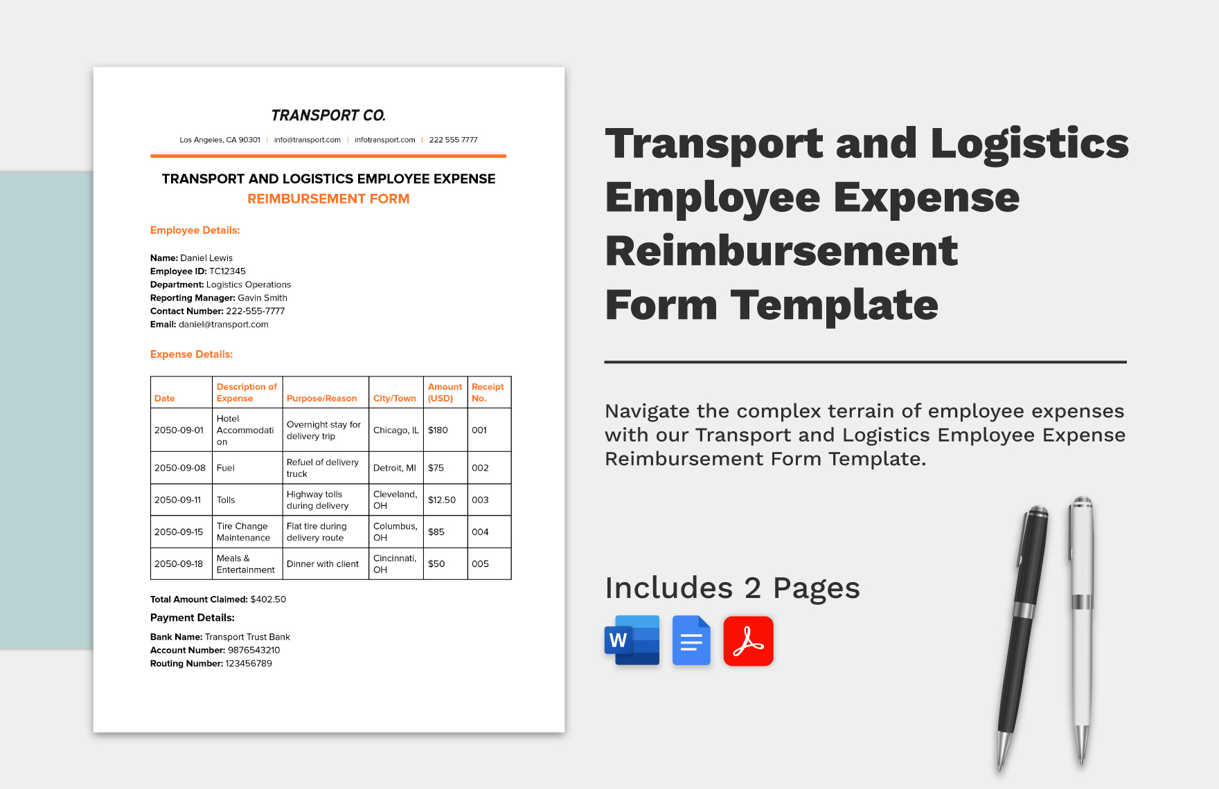 Transport and Logistics Employee Expense Reimbursement Form Template