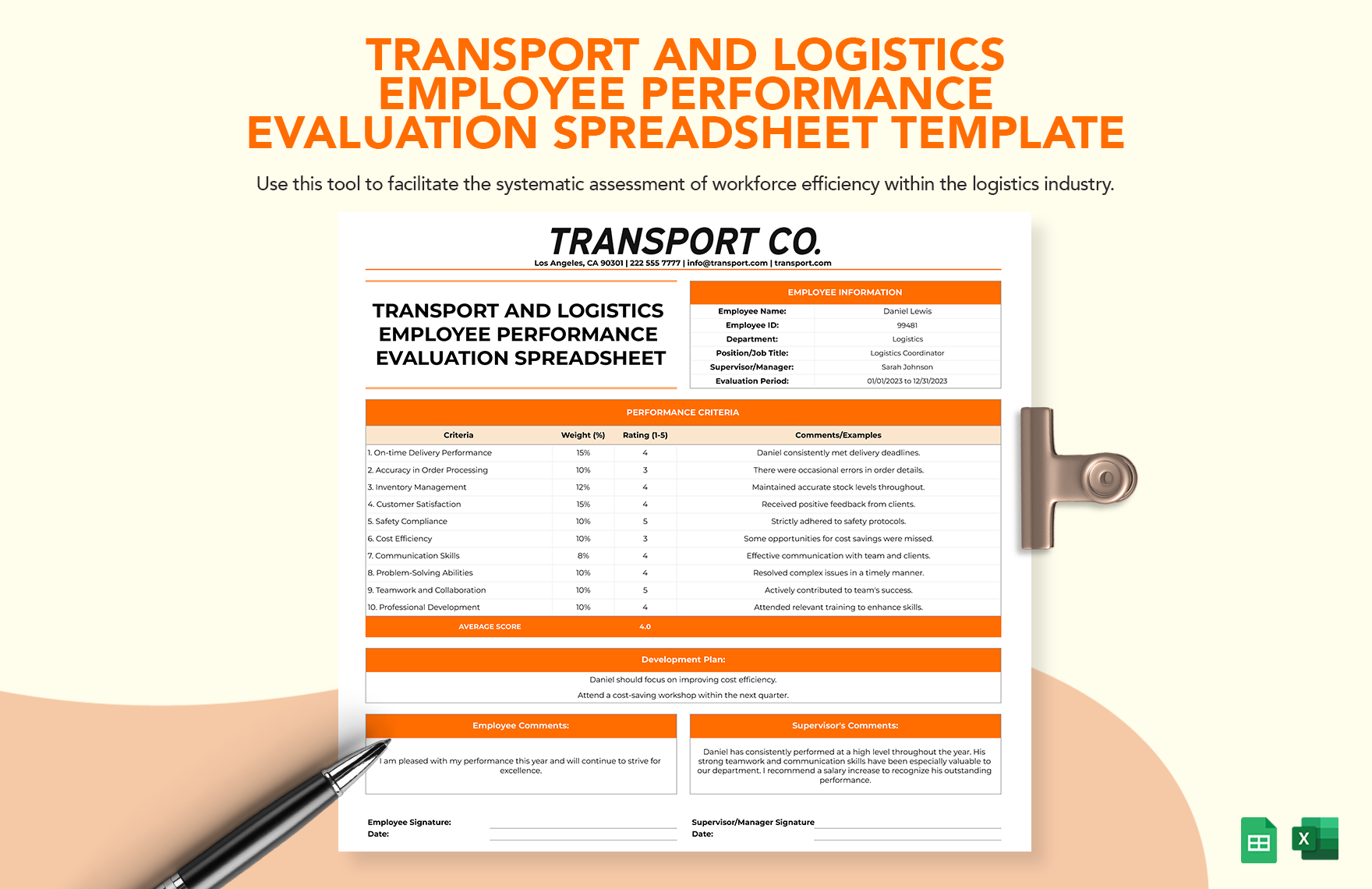 Transport and Logistics Employee Performance Evaluation Spreadsheet Template