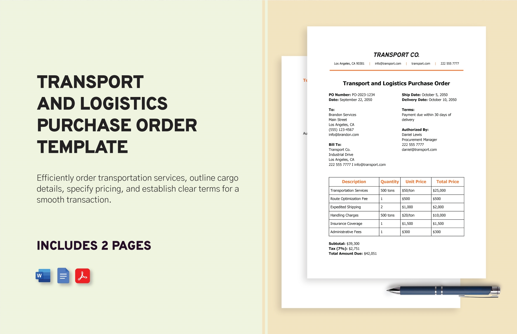 Transport and Logistics Purchase Order Template