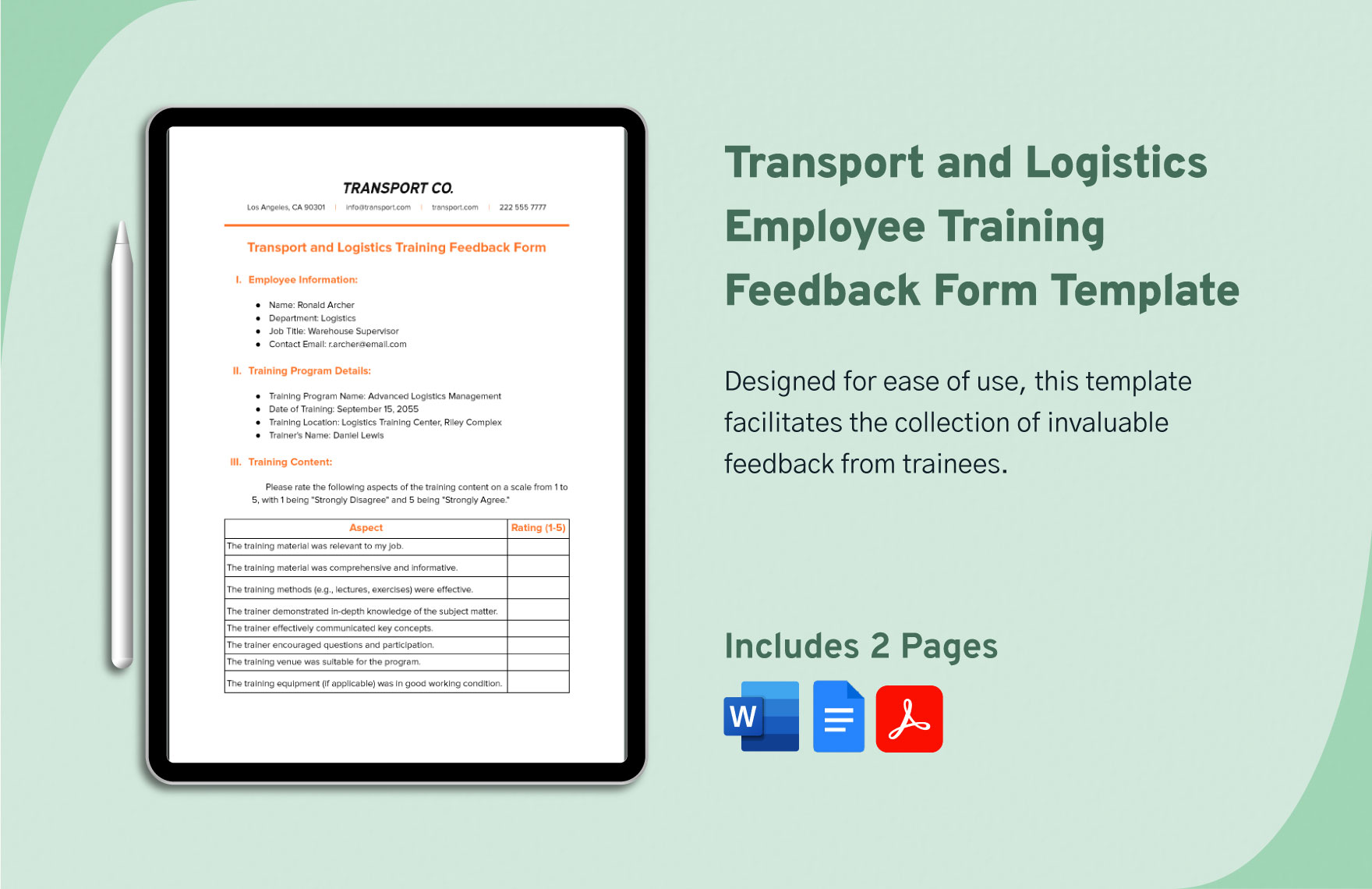 Transport and Logistics Employee Training Feedback Form Template