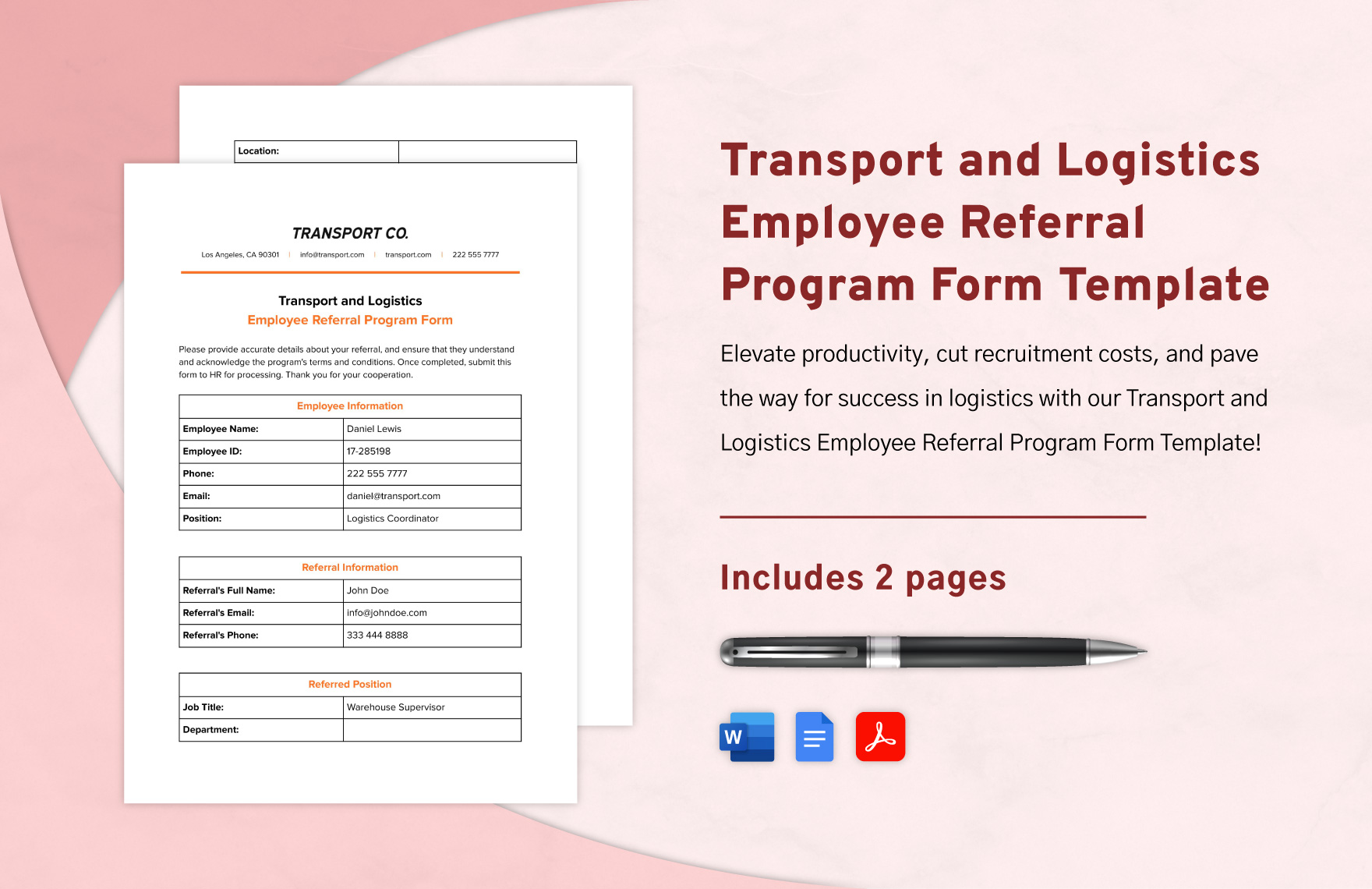 Transport and Logistics Employee Referral Program Form Template