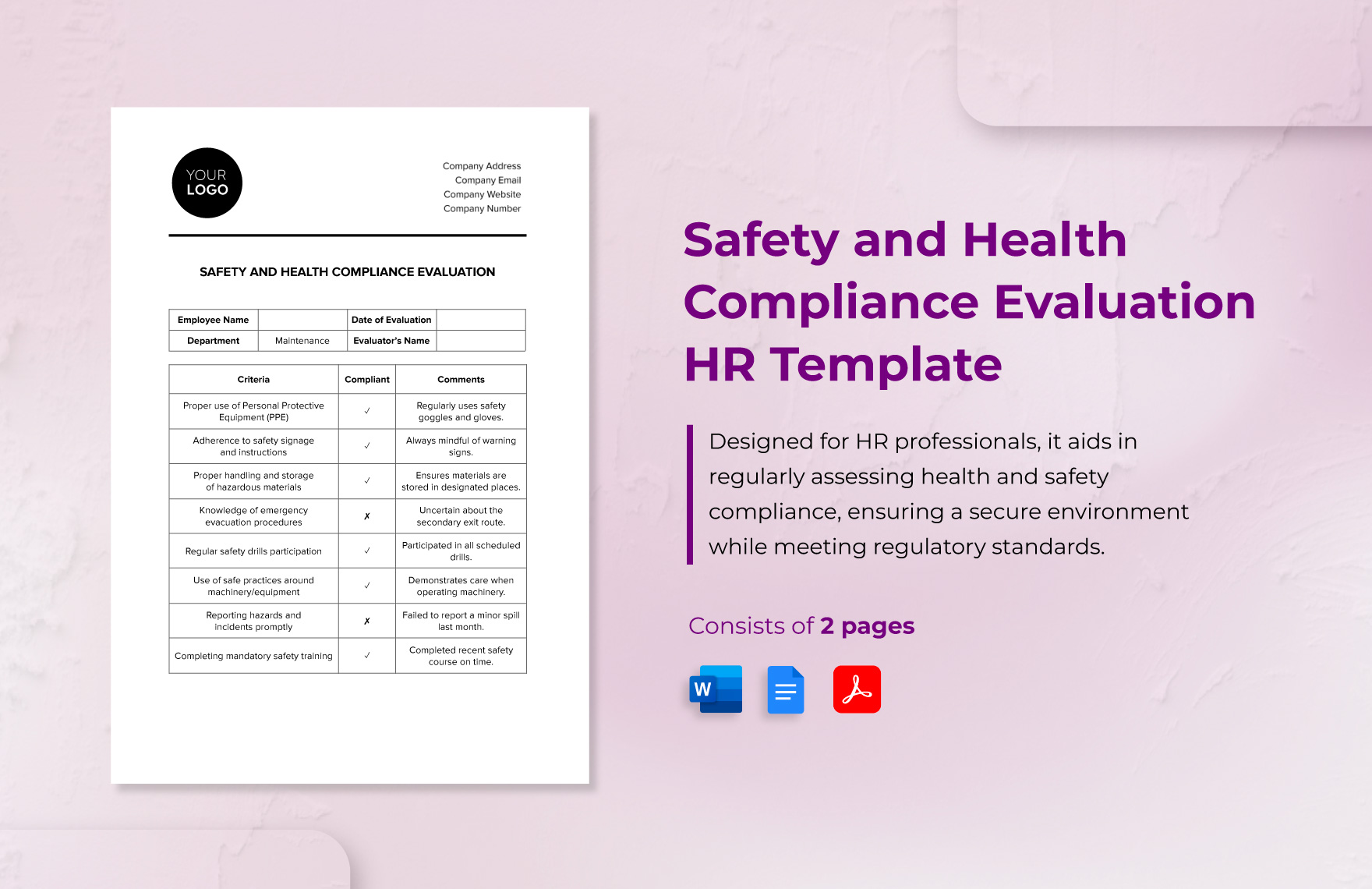 Safety and Health Compliance Evaluation HR Template