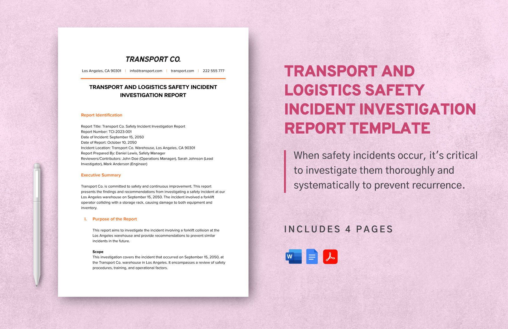 Transport and Logistics Safety Incident Investigation Report Template