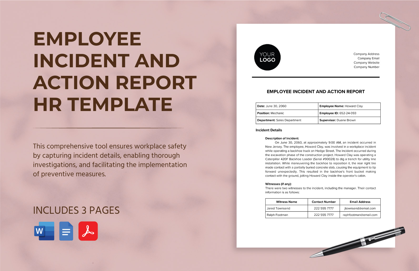 Employee Incident and Action Report HR Template