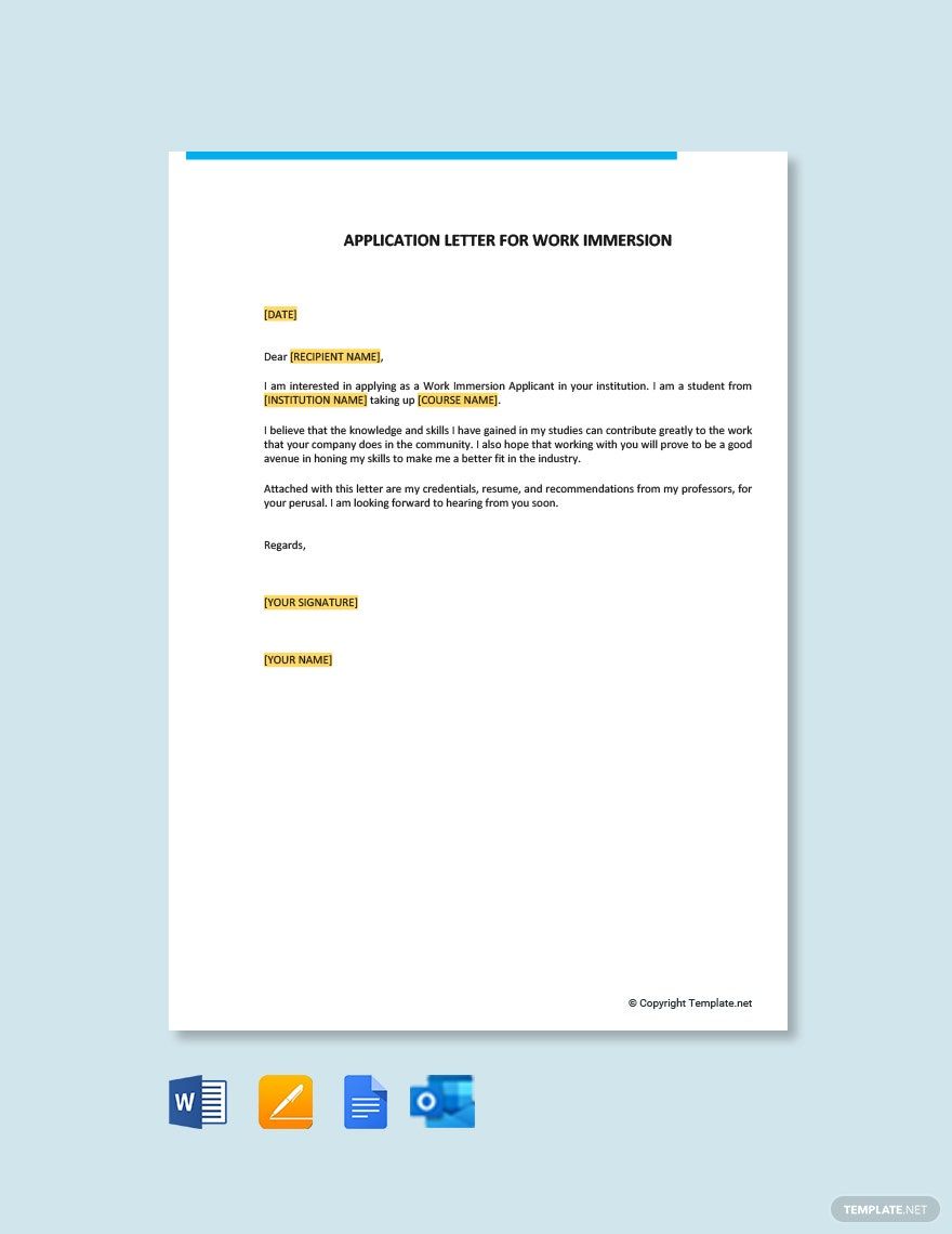 Application Letter for Work Immersion in Google Docs, Word, Pages ...