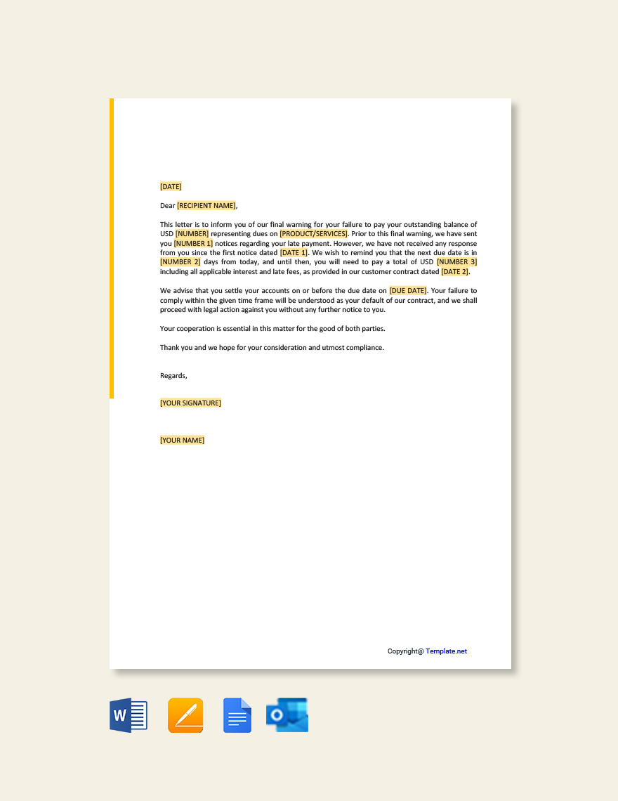 Final Warning Letter Before Legal Action in Word, Google Docs, PDF, Apple Pages, Outlook