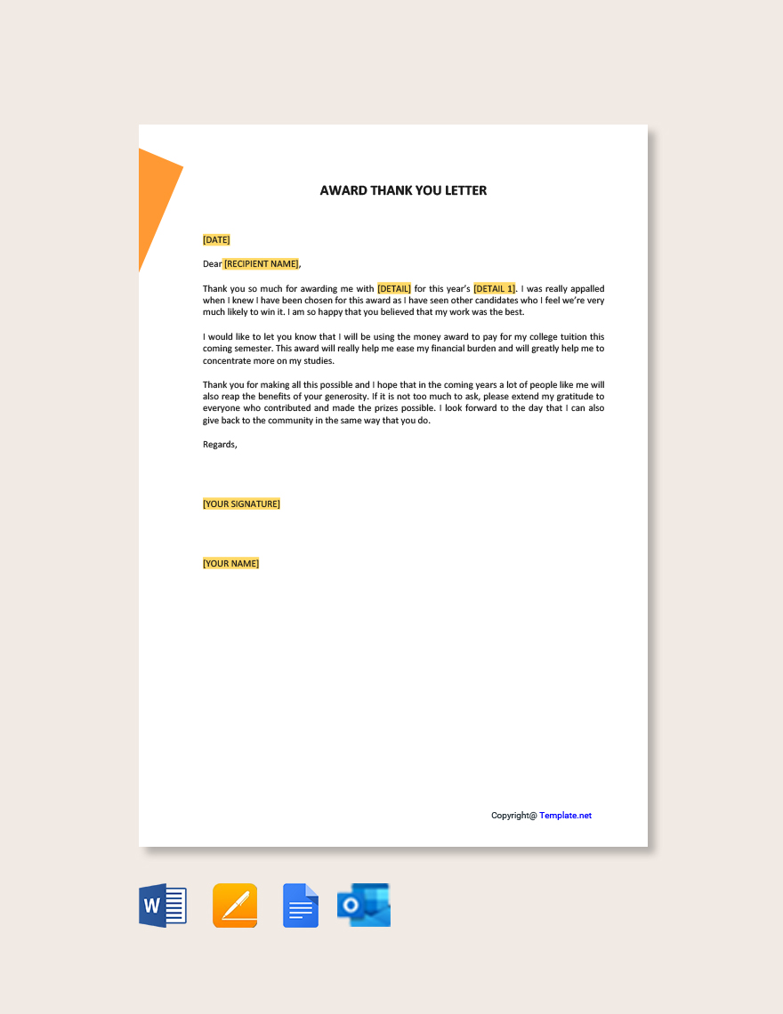 Award Thank You Letter in Google Docs, Pages, Word, Outlook, PDF - Download | Template.net