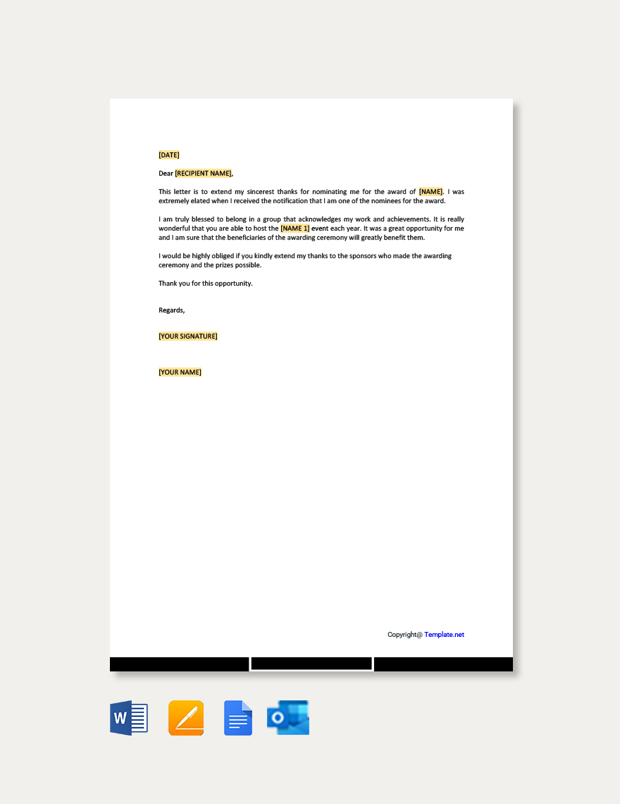 Thank You Letter For Award Nomination in Google Docs, Word, Pages, Outlook, PDF - Download | Template.net