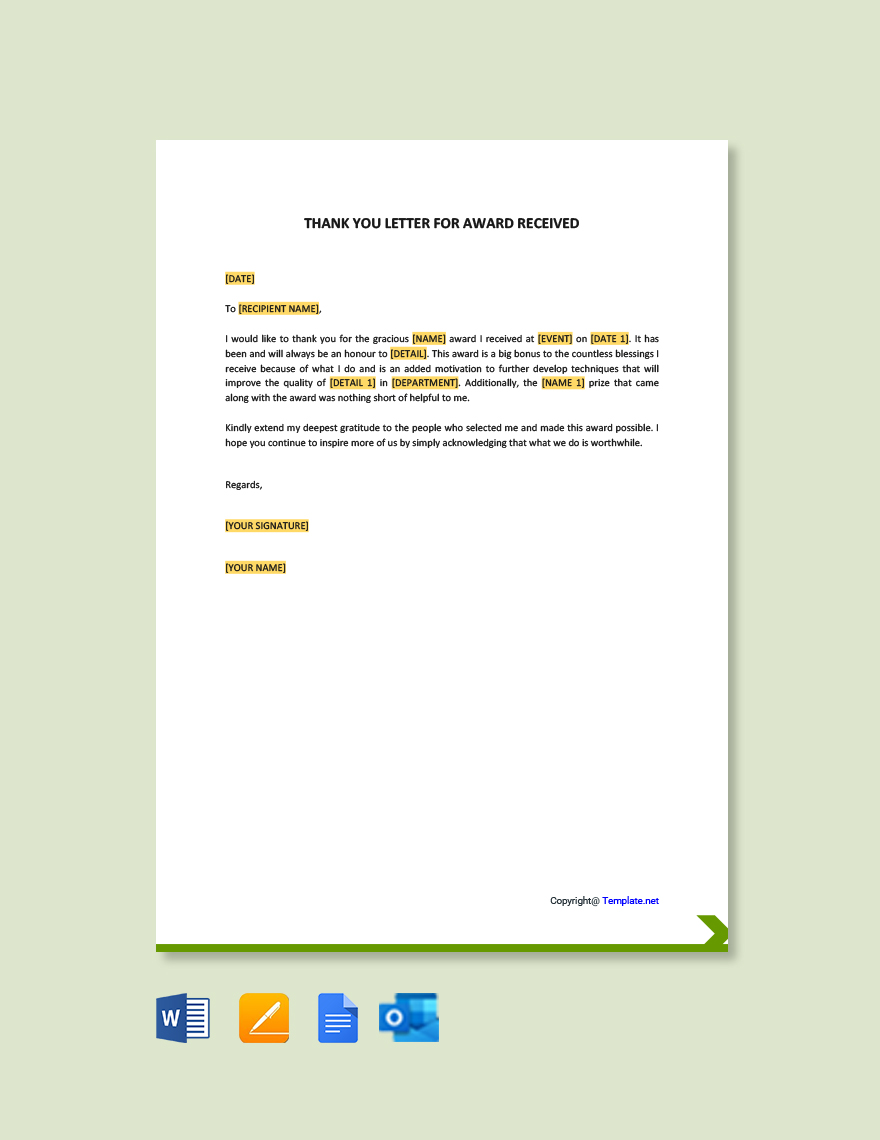 Thank You Letter For Award Received in Google Docs, Word, Pages, Outlook, PDF - Download | Template.net