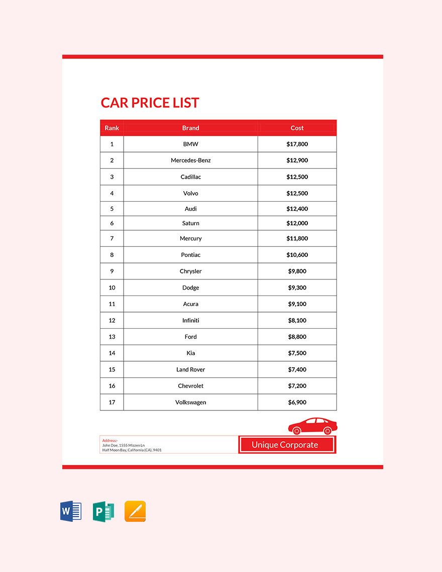 Car Price-List Template in Word, Google Docs - Download | Template.net