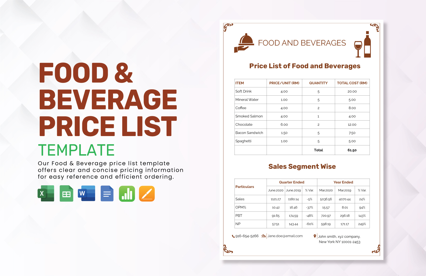 Food & Beverage Price List Template in Google Sheets, Word, Apple Numbers, Apple Pages, Excel, Publisher, Google Docs - Download | Template.net