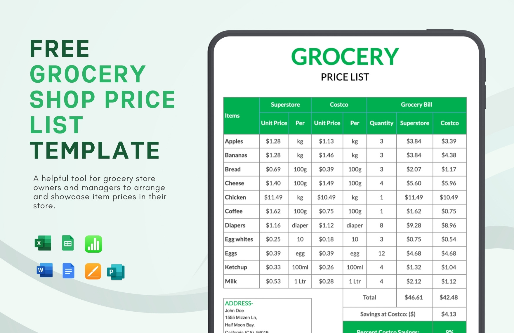 Grocery Shop Price List Template