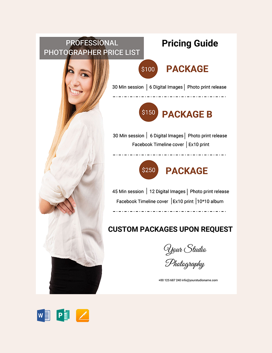 Professional Photographer Price List Template in Google Docs, Pages, Word, Publisher - Download | Template.net