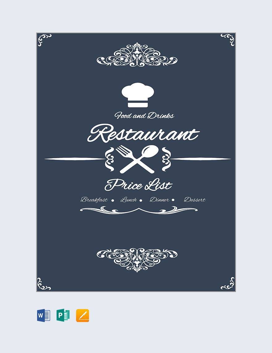 Restaurant Menu Price List Template in Pages, Publisher, Word, Google Docs - Download | Template.net