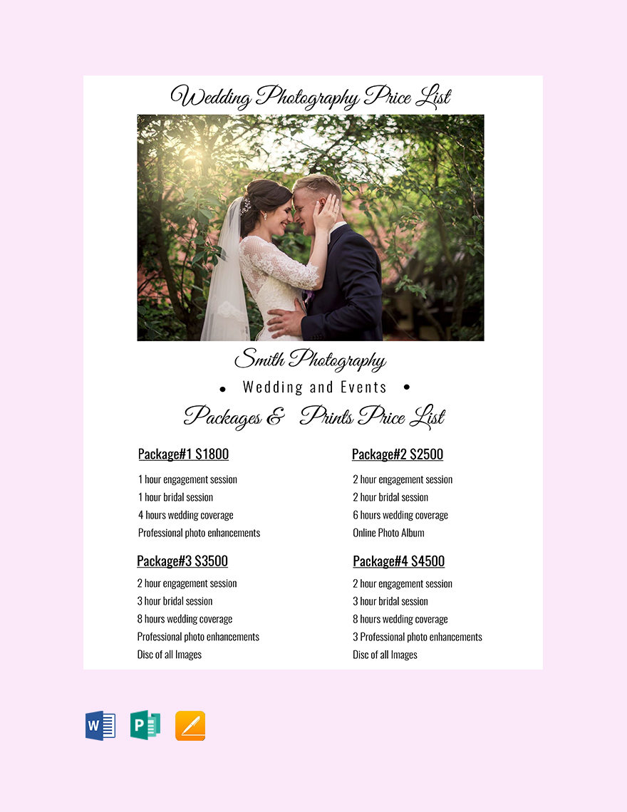 Wedding Photography Price List Template in Publisher, Pages, Word, Google Docs - Download | Template.net