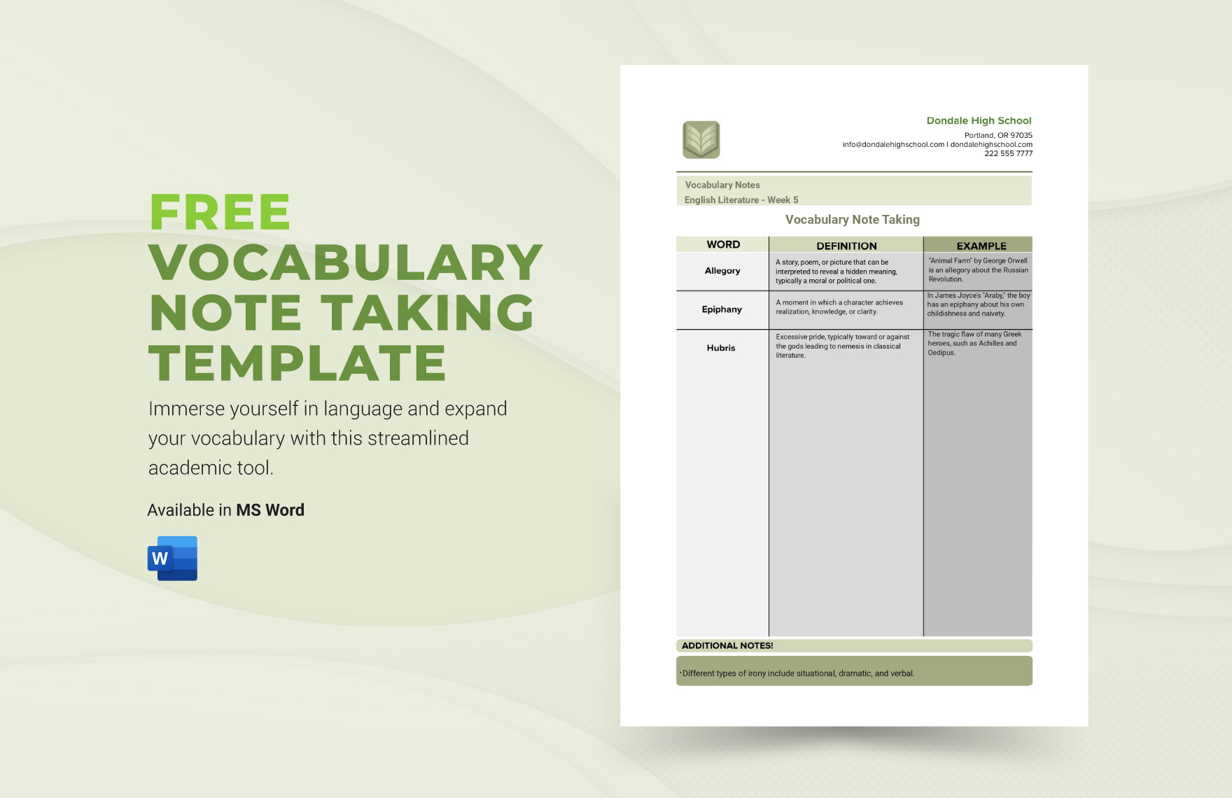 Vocabulary Note Taking Template