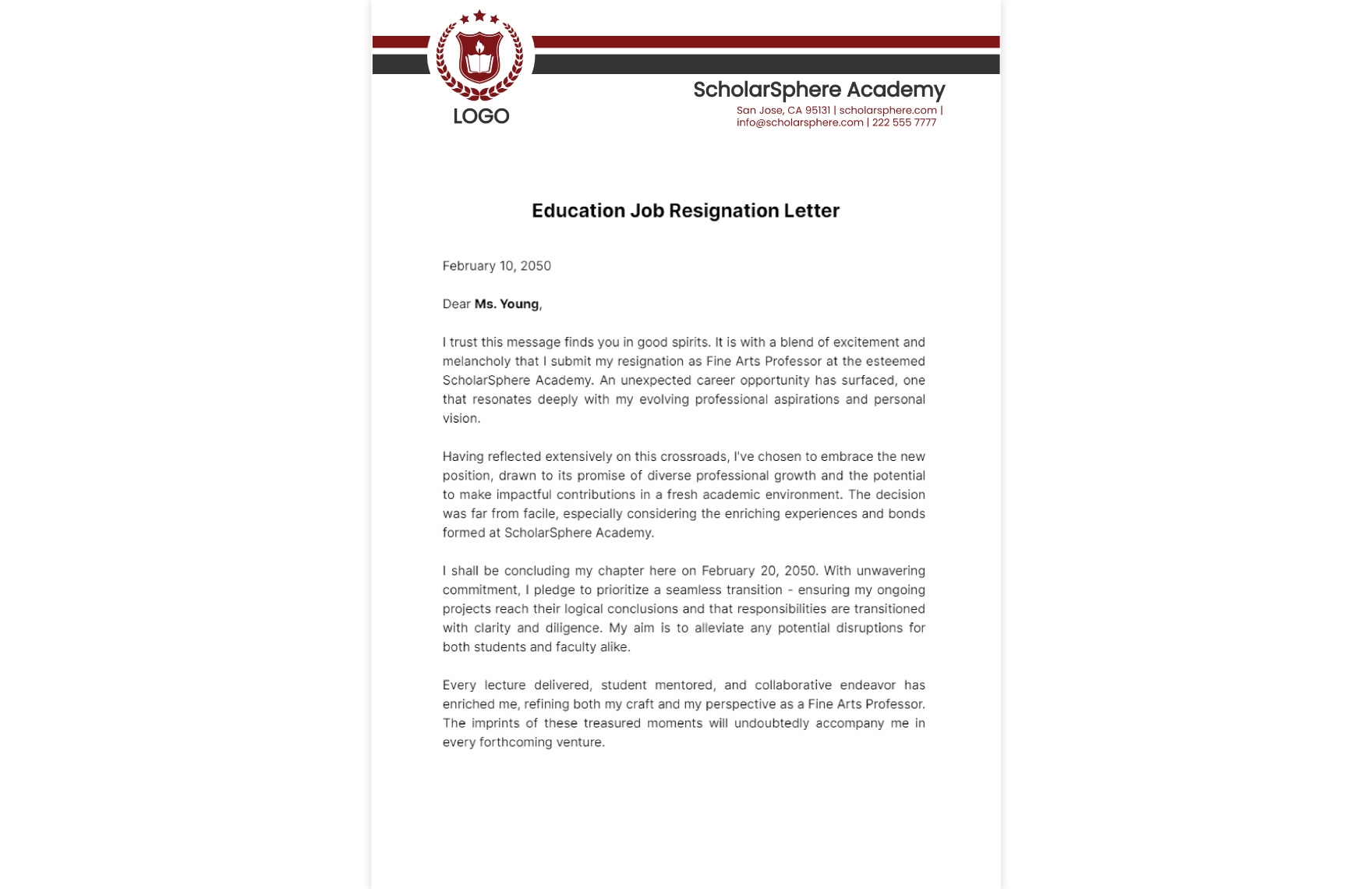 Education Job Resignation Letter Template