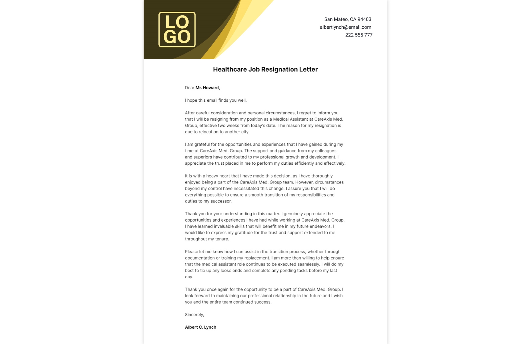 Healthcare Job Resignation Letter Template