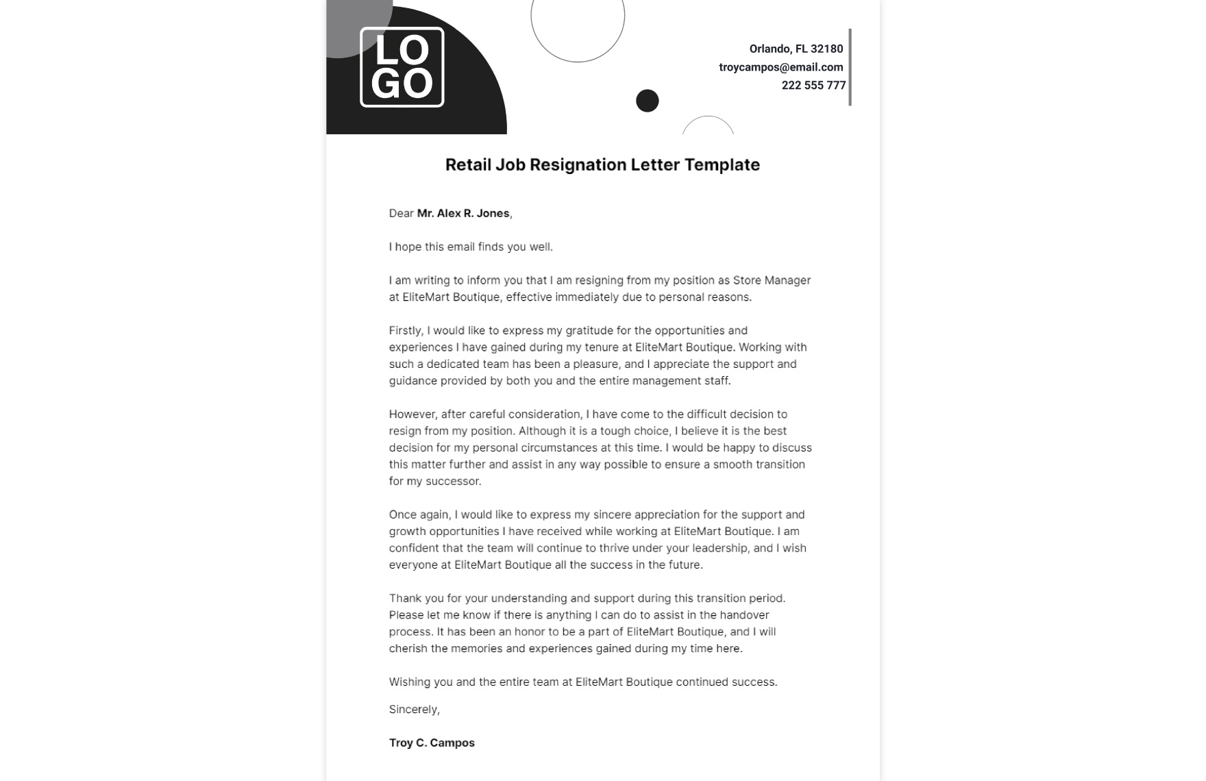 Retail Job Resignation Letter Template