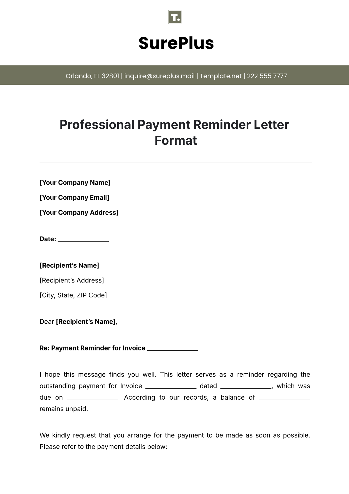 Free Professional Payment Reminder Letter Format Template