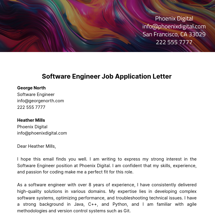 Software Engineer Job Application Letter Template