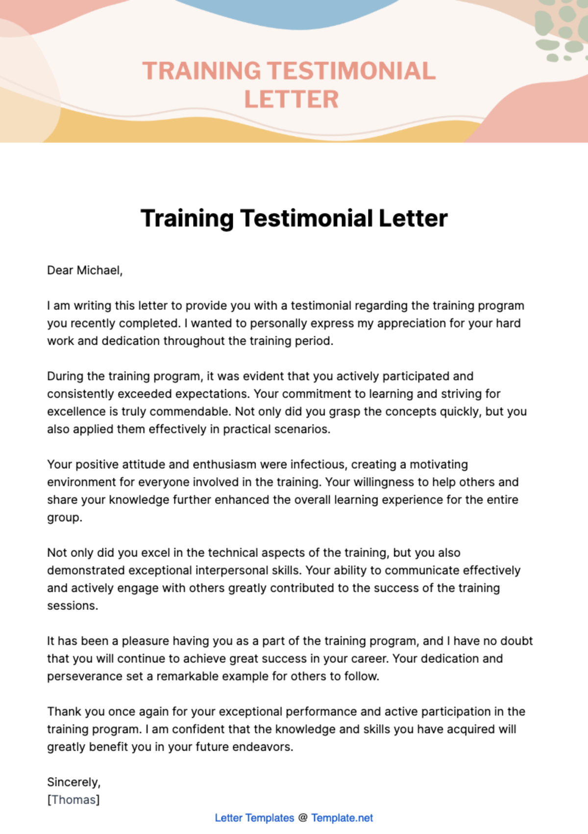 Training Testimonial Letter Template