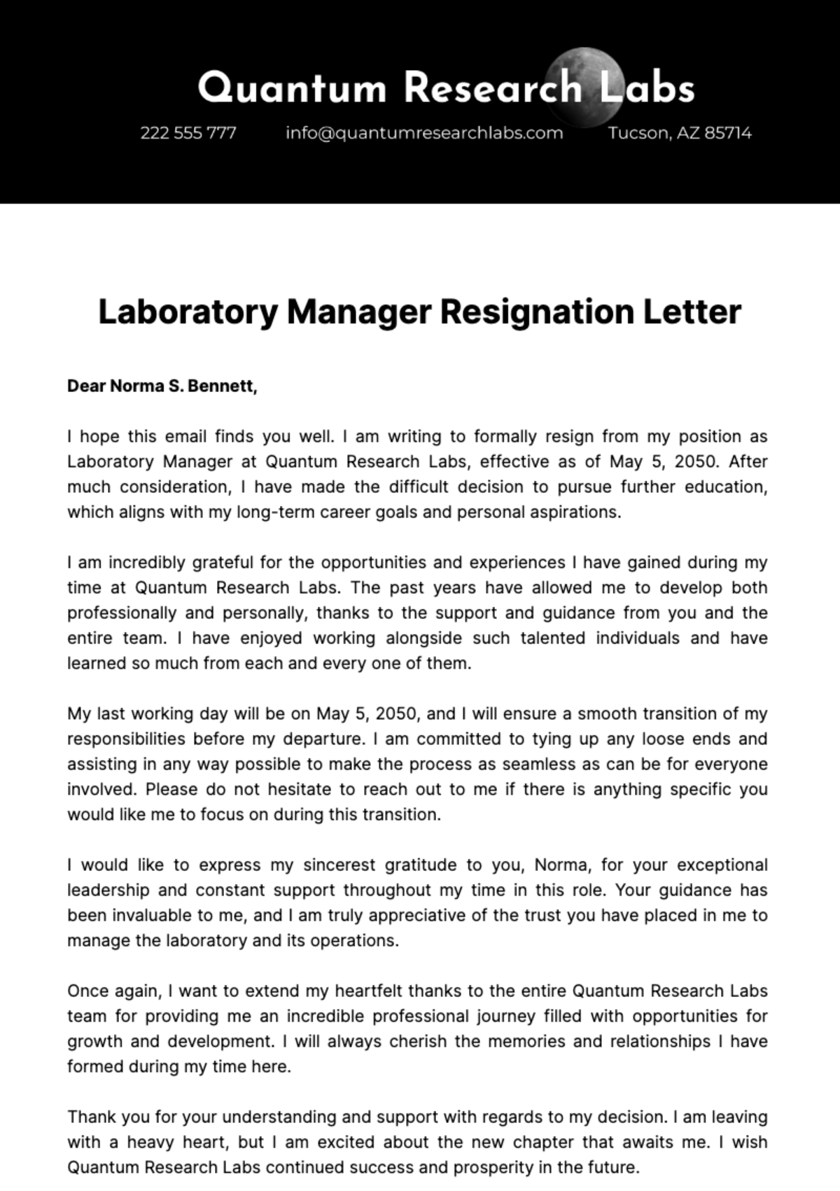 Laboratory Manager Resignation Letter  Template