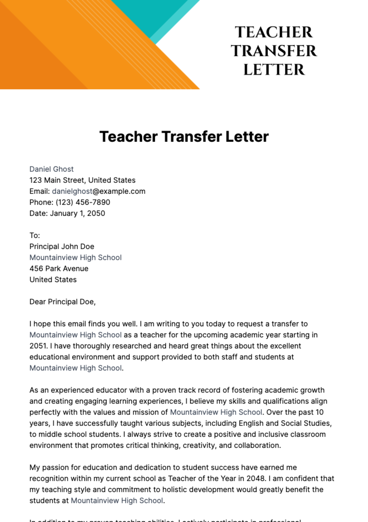 Teacher Transfer Letter Template