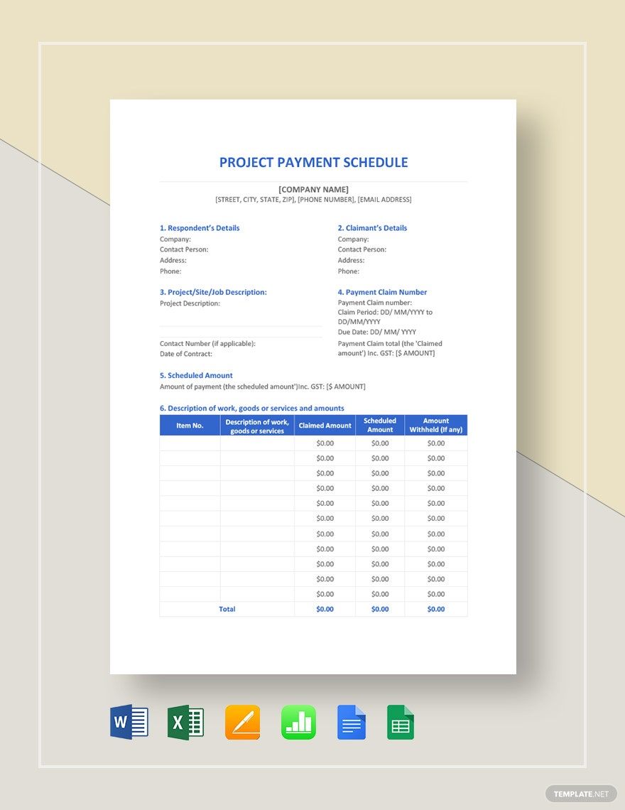 Project Payment Schedule in Google Docs, Word, Excel, Pages, Apple Numbers, Google Sheets - Download | Template.net