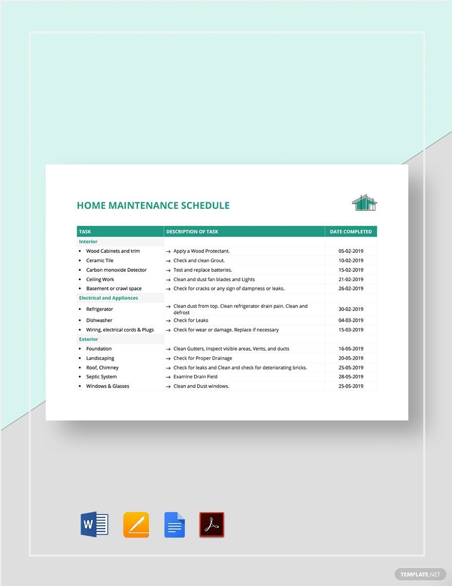 Home Maintenance Schedule Template