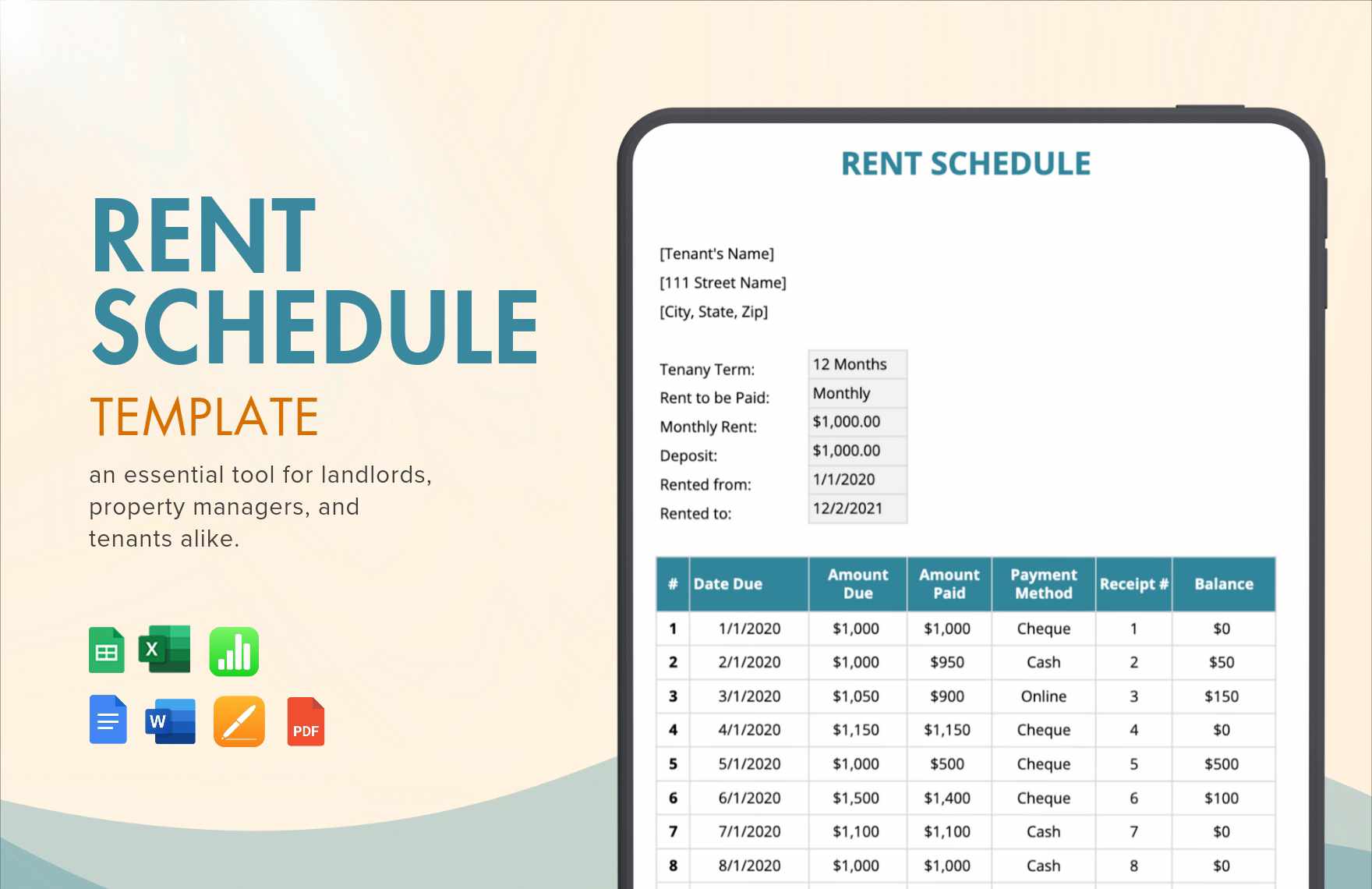 Rent Schedule Template in Google Sheets, Apple Numbers, Excel, Apple Pages, Word, PDF, Google Docs - Download | Template.net