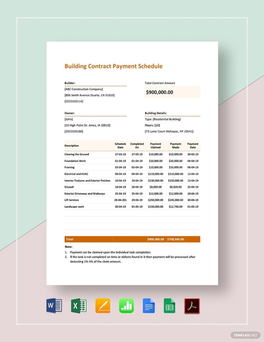 Building Contract Payment Schedule Template in Google Sheets, Excel, Pages, Apple Numbers, Word, PDF, Google Docs - Download | Template.net