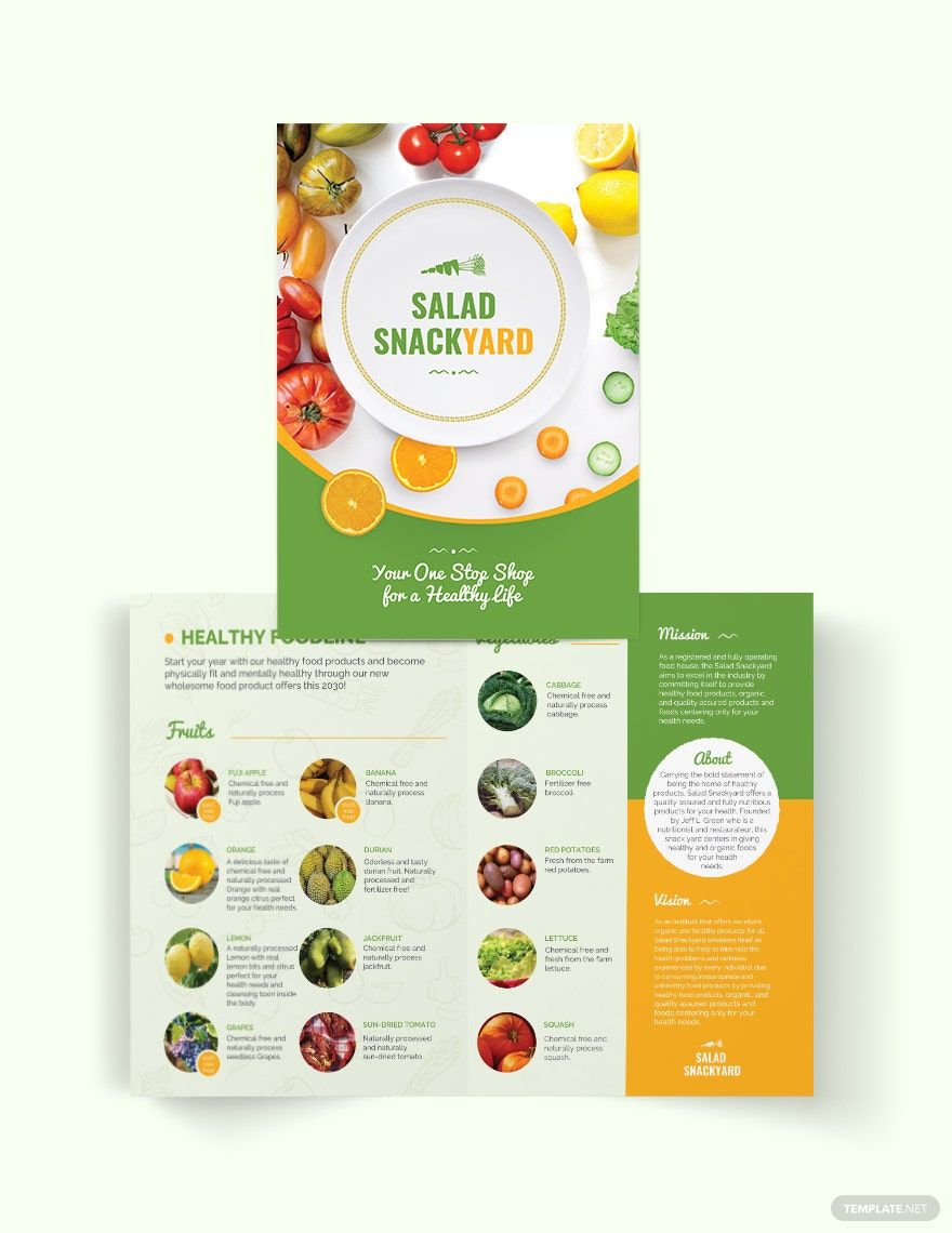 Healthy Food Diet Bi-Fold Brochure Template in Word, Google Docs, Illustrator, PSD, Apple Pages, Publisher, InDesign