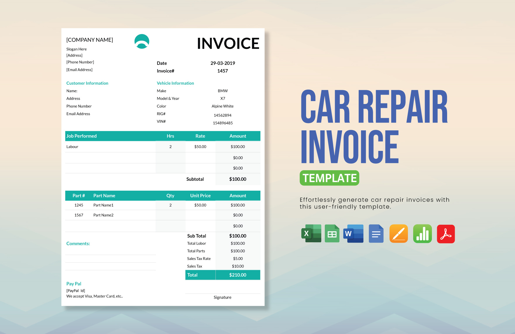 Car Repair Invoice Template in Google Sheets, Excel, Apple Pages, Apple Numbers, Word, Google Docs, PDF - Download | Template.net