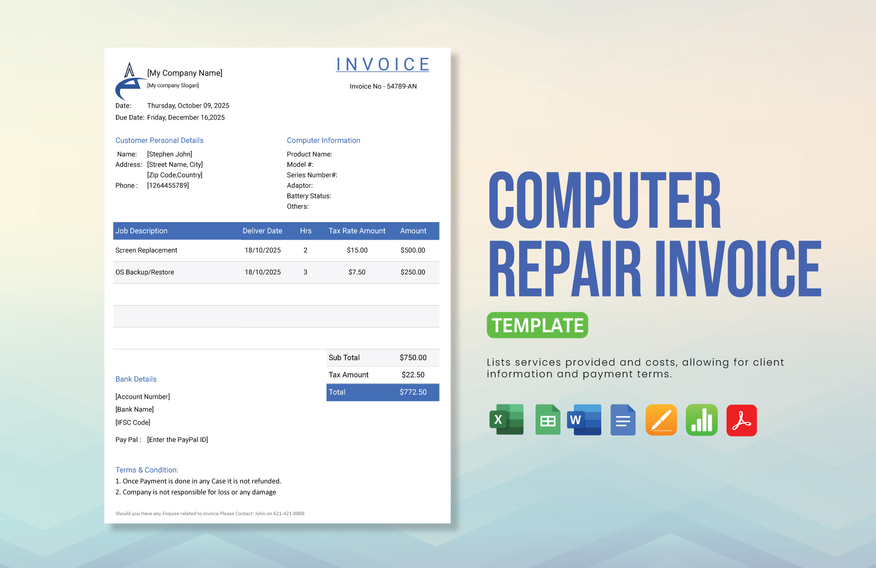 Computer Repair Invoice Template in Google Docs, Excel, Apple Pages, Apple Numbers, Word, Google Sheets, PDF - Download | Template.net