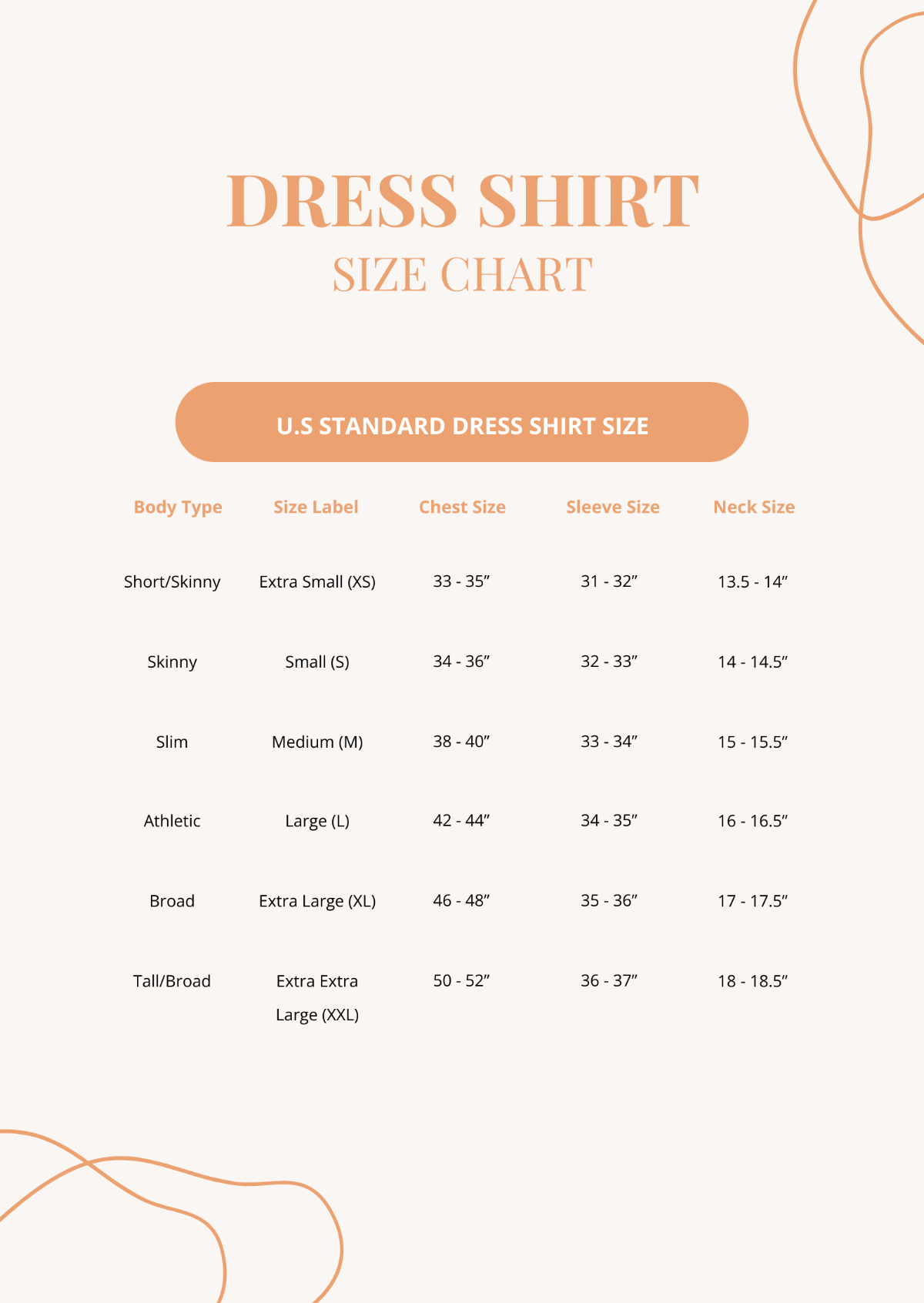 Dress Shirt Size Chart Template - Edit Online & Download