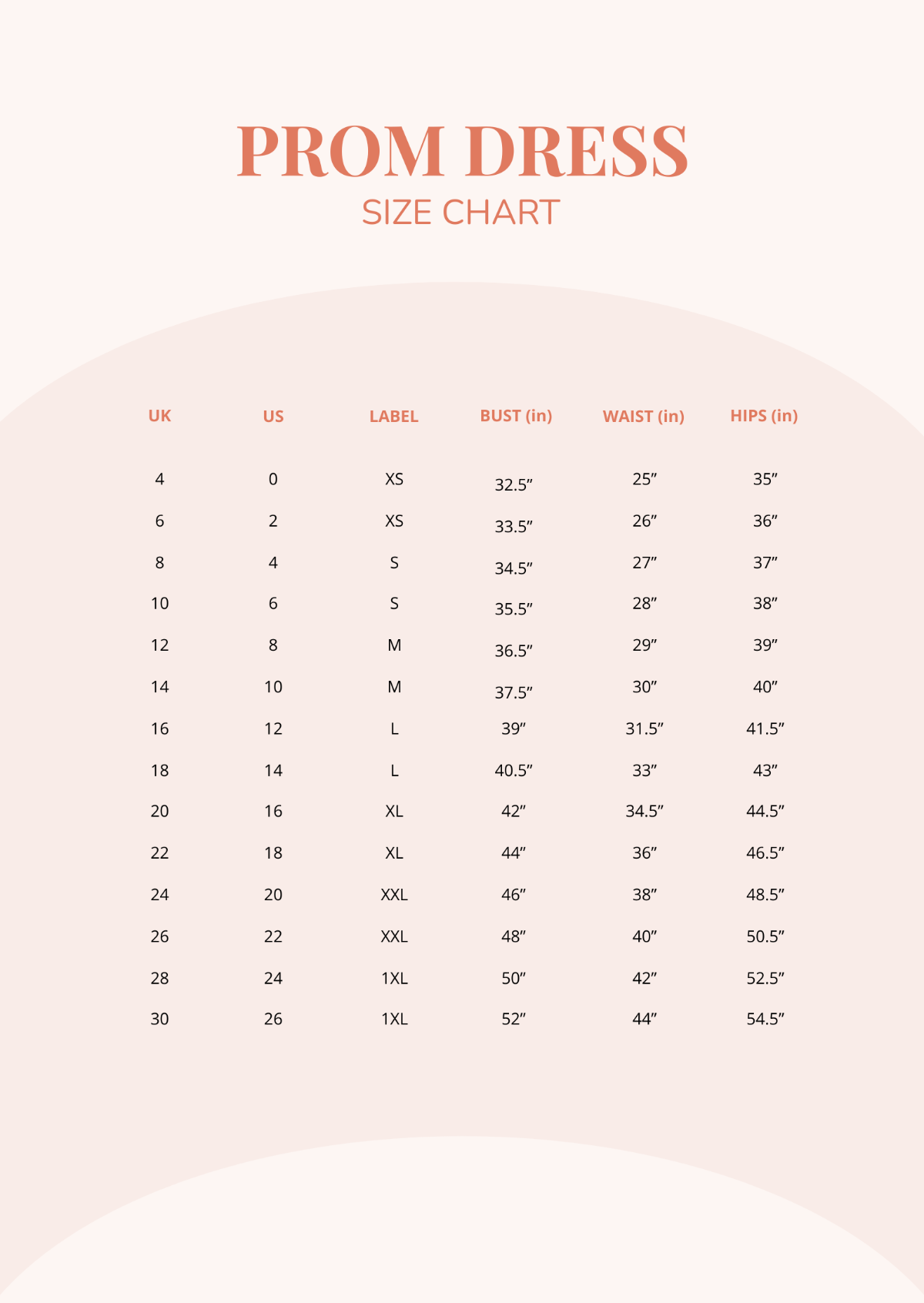 Prom Dress Size Chart Template - Edit Online & Download