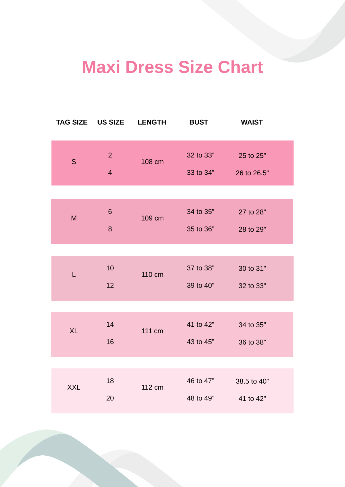 Maxi Dress Size Chart Template - Edit Online & Download