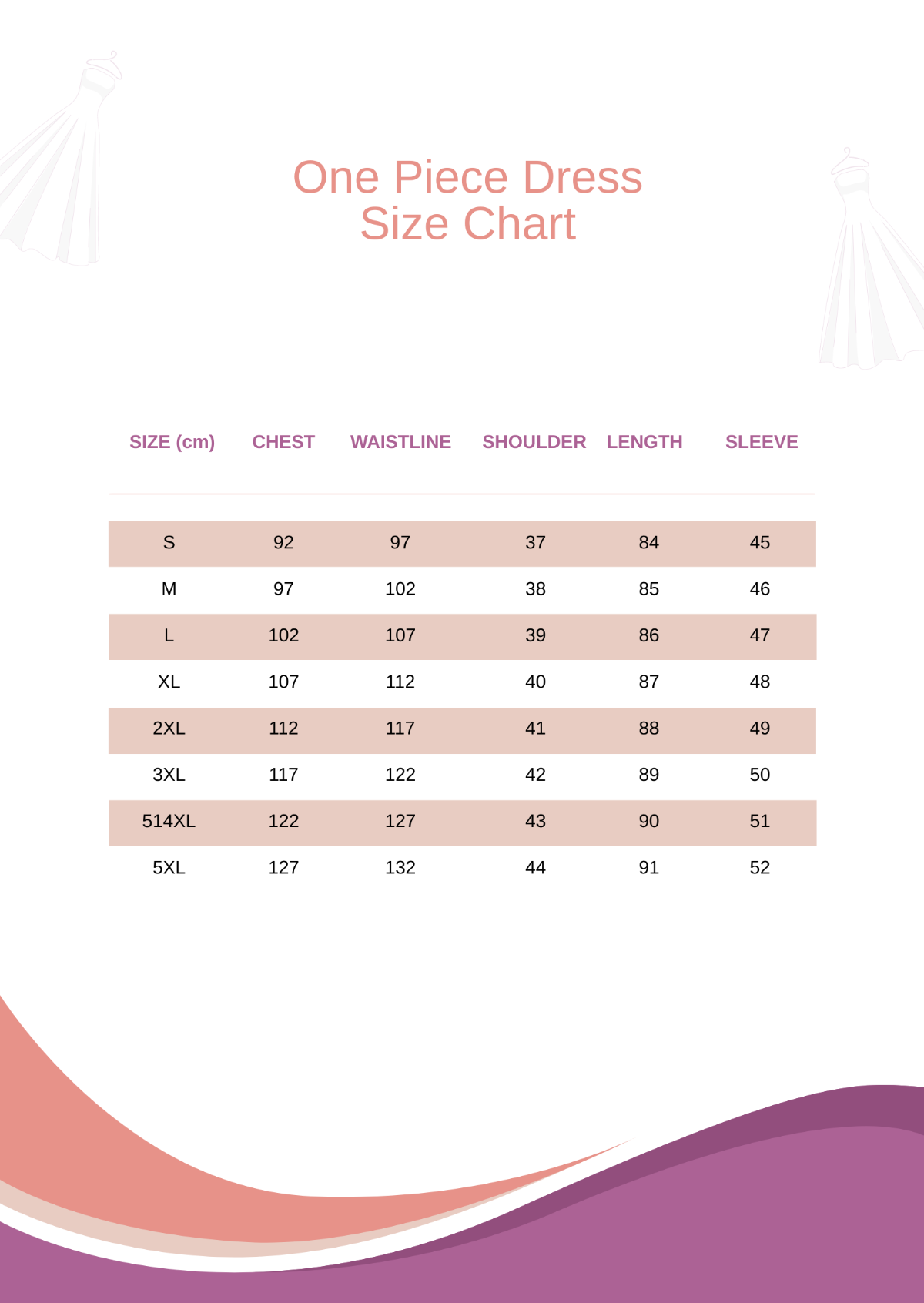 One Piece Dress Size Chart Template - Edit Online & Download