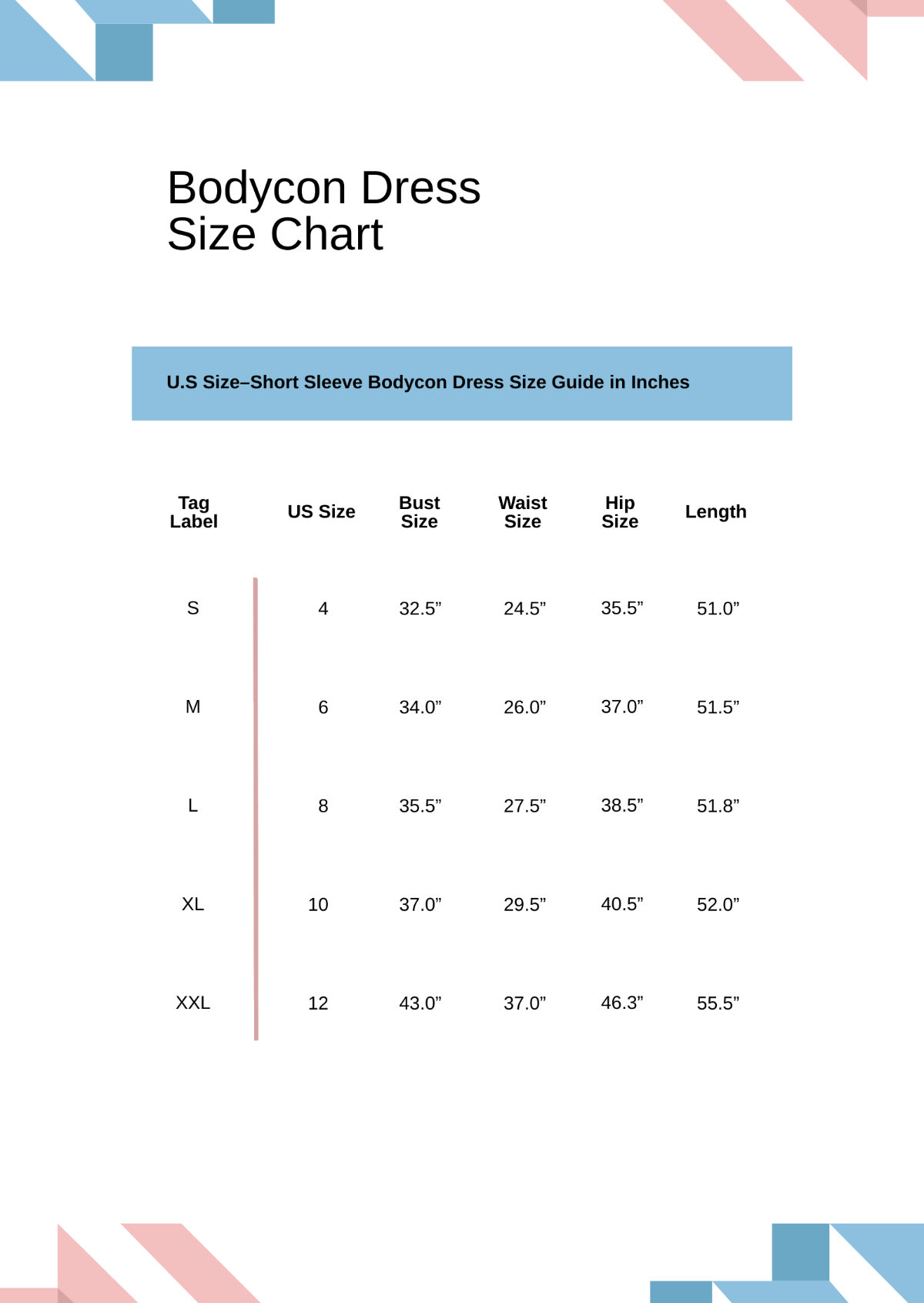 Bodycon Dress Size Chart Template - Edit Online & Download