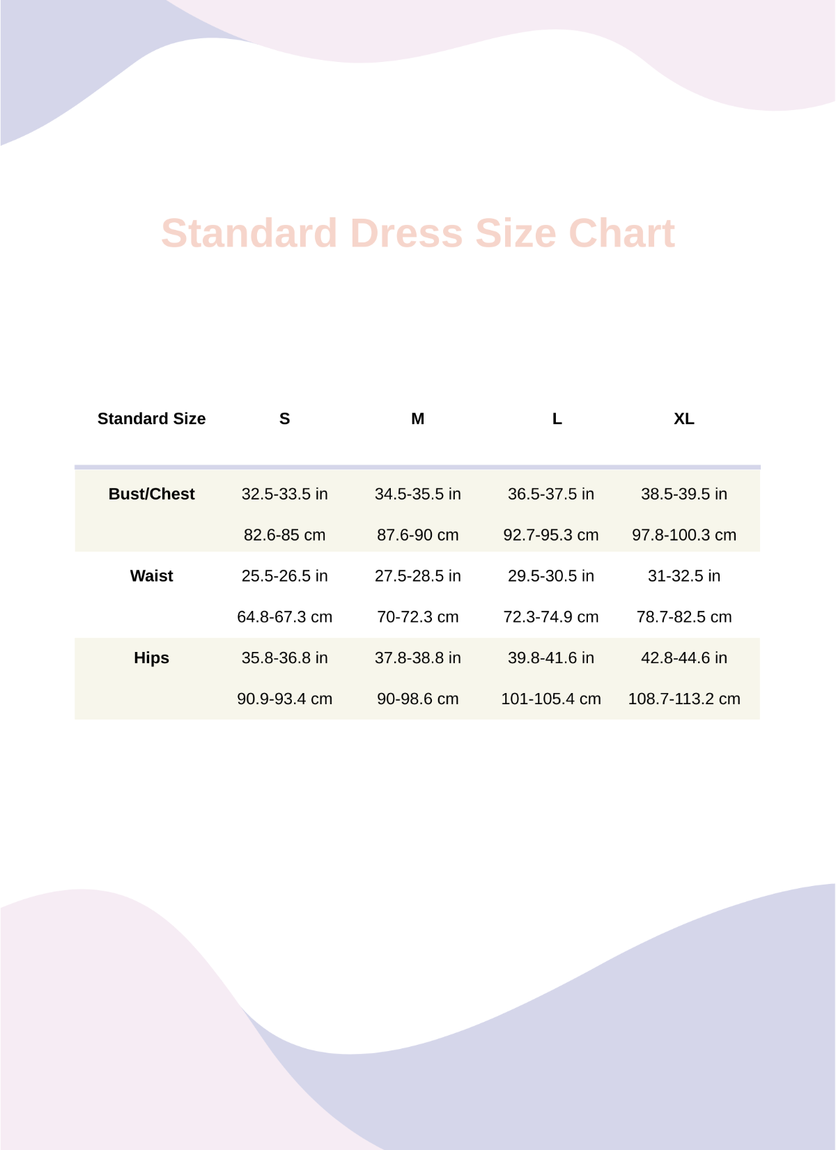 Standard Dress Size Chart Template - Edit Online & Download