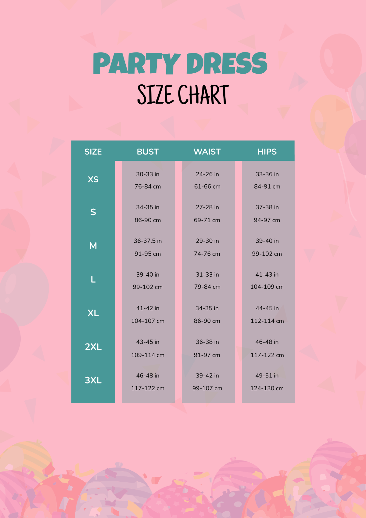 Party Dress Size Chart Template - Edit Online & Download